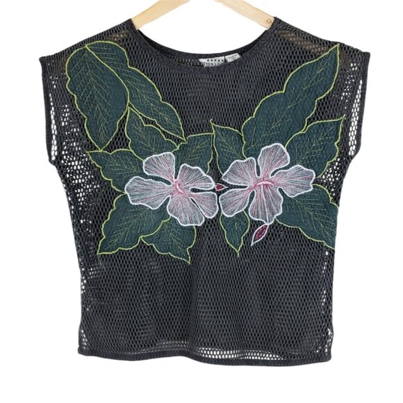 Vintage Tops - SOLD VTG Y2K Olive Green Cotton Crochet Mesh Flower Applique Cap Sleeve Crop Top